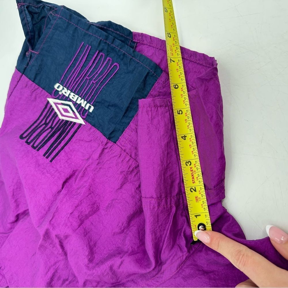 Vintage 90s UMBRO Soccer Shorts Medium Nylon ColorBlock Purple Spellout. - Picture 6 of 7